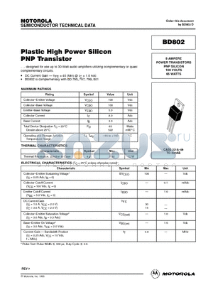 BD802 datasheet - Plastic High Power Silicon PNP Transistor