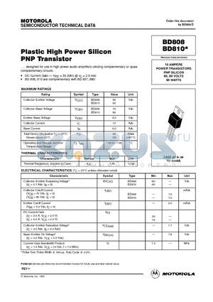 BD808 datasheet - Plastic High Power Silicon PNP Transistor
