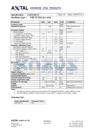 AXLE20-12 datasheet - VHF TCXO, low noise