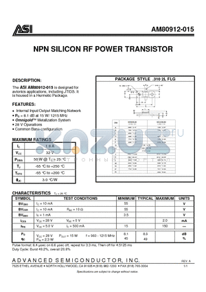 AM80912-015 datasheet - NPN SILICON RF POWER TRANSISTOR