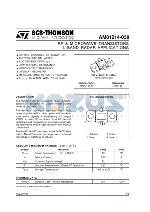 AM81214-030 datasheet - L-BAND RADAR APPLICATIONS RF & MICROWAVE TRANSISTORS