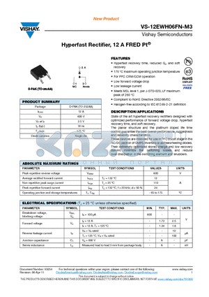 12EWH06FNTRL-M3 datasheet - Hyperfast Rectifier, 12 A FRED Pt^