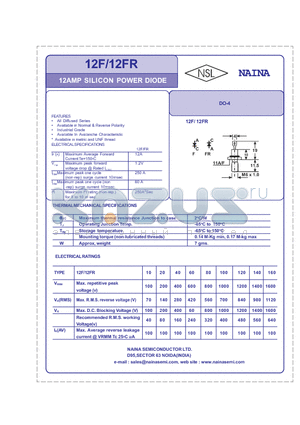 12F datasheet - 12AMP SILICON POWER DIODE