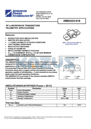 AM82223-018 datasheet - RF & MICROWAVE TRANSISTORS TELEMETRY APPLICATIONS