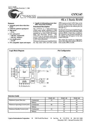 CY7C147 datasheet - 4K x 1 STATIC RAM