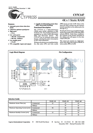 CY7C147-25PC datasheet - 4K x 1 STATIC RAM