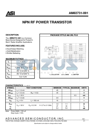 AM82731-001 datasheet - NPN RF POWER TRANSISTOR
