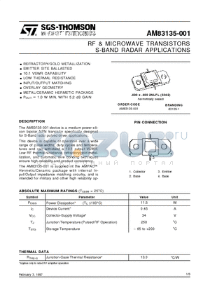 AM83135-001 datasheet - RF & MICROWAVE TRANSISTORS S-BAND RADAR APPLICATIONS