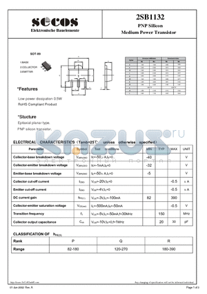 2SB1132 datasheet - PNP Silicon Medium Power Transistor