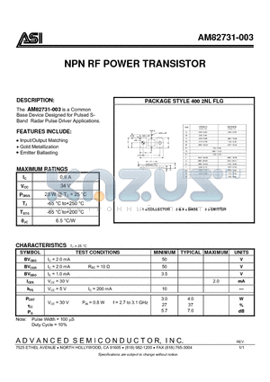 AM82731-003 datasheet - NPN RF POWER TRANSISTOR