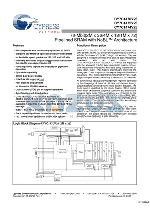 CY7C1470V25-167BZI datasheet - 72-Mbit(2M x 36/4M x 18/1M x 72) Pipelined SRAM with NoBL Architecture
