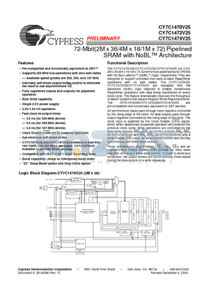 CY7C1470V25-167AXC datasheet - 72-Mbit(2M x 36/4M x 18/1M x 72) Pipelined SRAM with NoBL Architecture