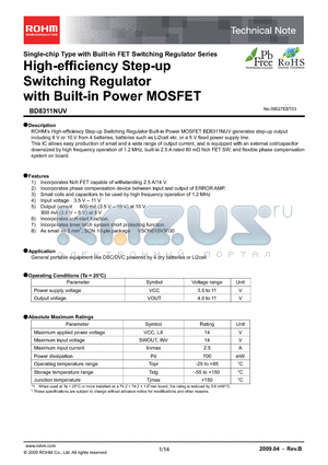 BD8311NUV datasheet - High-efficiency Step-up Switching Regulator with Built-in Power MOSFET