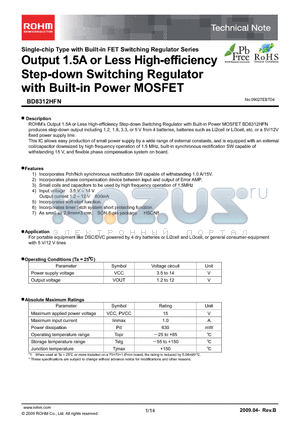 BD8312HFN datasheet - Output 1.5A or Less High-efficiency Step-down Switching Regulator with Built-in Power MOSFET