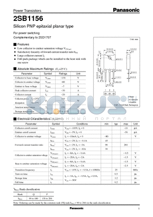 2SB1156 datasheet - Silicon PNP epitaxial planar type(For power switching)