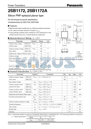 2SB1172A datasheet - Silicon PNP epitaxial planar type