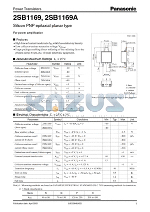 2SB1169A datasheet - For power amplification