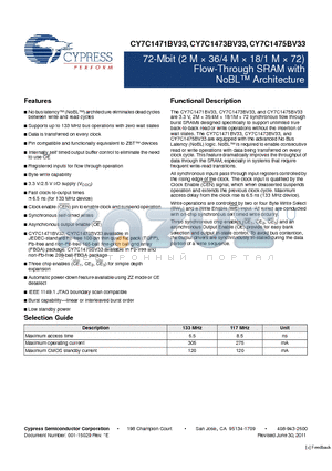 CY7C1471BV33 datasheet - 72-Mbit (2 M x 36/4 M x 18/1 M x 72) Flow-Through SRAM with NoBL Architecture