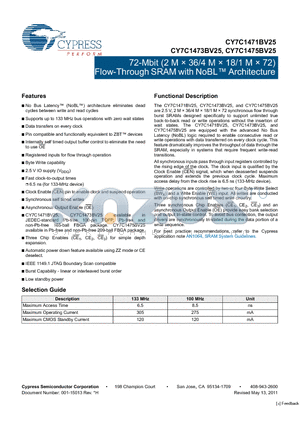 CY7C1471BV25-133AXI datasheet - 72-Mbit (2 M x 36/4 M x 18/1 M x 72) Flow-Through SRAM with NoBL Architecture