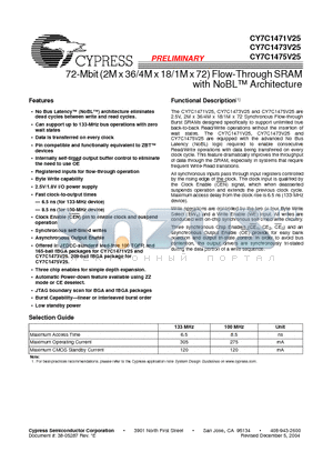 CY7C1471V25-100AXC datasheet - 72-Mbit (2M x 36/4M x 18/1M x 72) Flow-Through SRAM with NoBL Architecture