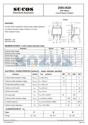 2SB1182D datasheet - PNP Silicon General Purpose Transistor