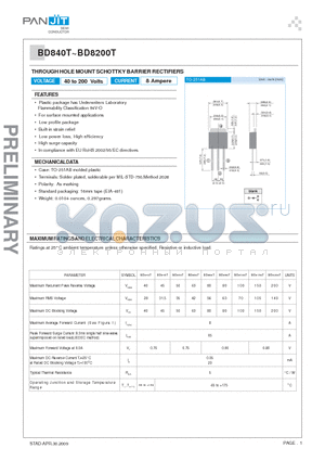 BD860T datasheet - THROUGH HOLE MOUNT SCHOTTKY BARRIER RECTIFIERS