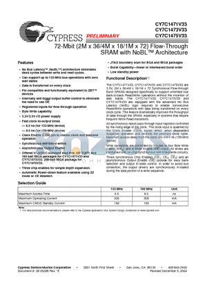 CY7C1471V33-100BZXC datasheet - 72-Mbit (2M x 36/4M x 18/1M x 72) Flow-Through SRAM with NoBL Architecture