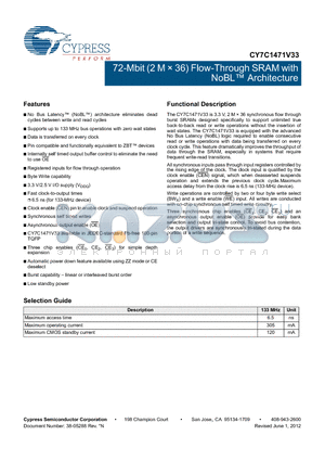 CY7C1471V33-133AXC datasheet - 72-Mbit (2 M  36) Flow-Through SRAM with NoBL Architecture