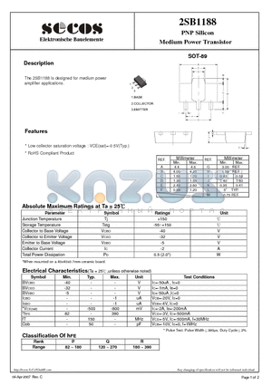 2SB1188 datasheet - PNP Silicon Medium Power Transistor