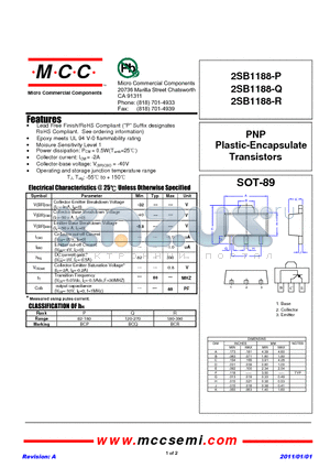 2SB1188-Q datasheet - PNP Plastic-Encapsulate Transistors