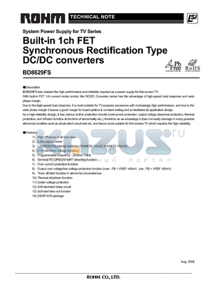 BD8629FS datasheet - Built-in 1ch FET Synchronous Rectification Type DC/DC converters