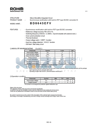 BD8645EFV datasheet - Synchronous rectification with built-in FET type DC/DC converter IC