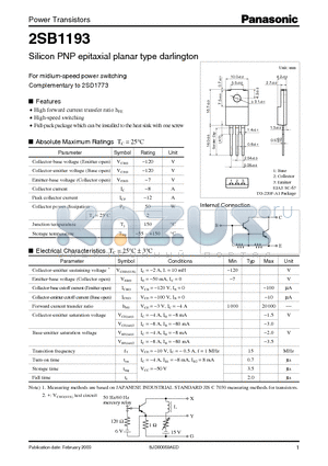 2SB1193 datasheet - For Midium-Speed Power Switching