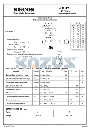 2SB1198K datasheet - PNP Silicon General Purpose Transistor