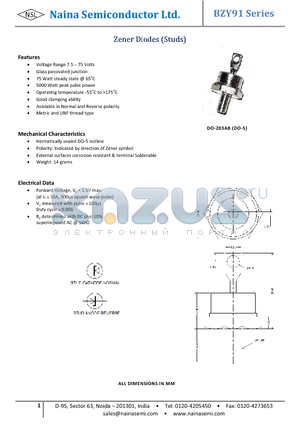 BZY91 datasheet - Zener Diodes (Studs)