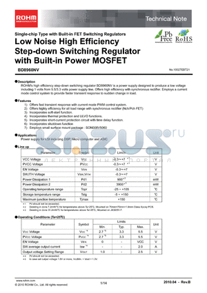 BD8960NV datasheet - Low Noise High Efficiency Step-down Switching Regulator with Built-in Power MOSFET