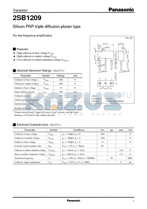 2SB1209 datasheet - Silicon PNP triple diffusion planer type(For low-frequency amplification)