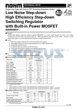 BD8962MUV datasheet - Low Noise Step-down High Efficiency Step-down Switching Regulator with Built-in Power MOSFET