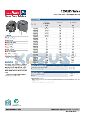 12LRS105C datasheet - Through Hole Radial Lead Shielded Inductors