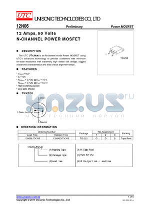 12N06L-TN3-R datasheet - 12 Amps, 60 Volts N-CHANNEL POWER MOSFET