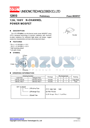 12N10G-TN3-R datasheet - 12A, 100V N-CHANNEL POWER MOSFET