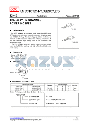 12N40G-TF1-T datasheet - 12A, 400V N-CHANNEL POWER MOSFET