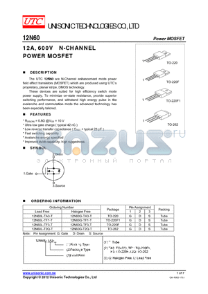 12N60G-TA3-T datasheet - 12A, 600V N-CHANNEL POWER MOSFET