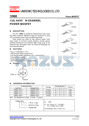 12N65G-TA3-T datasheet - 12A, 650V N-CHANNEL POWER MOSFET