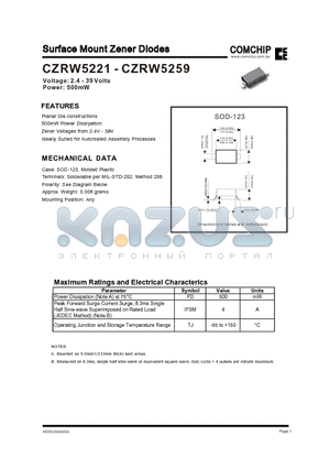 CZRW5221 datasheet - Surface Mount Zener Diodes