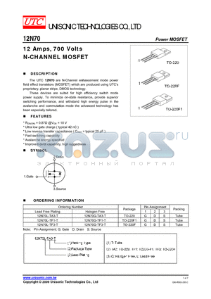 12N70G-TA3-T datasheet - 12 Amps, 700 Volts N-CHANNEL MOSFET