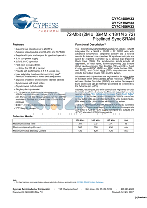 CY7C1480V33 datasheet - 72-Mbit (2M x 36/4M x 18/1M x 72) Pipelined Sync SRAM