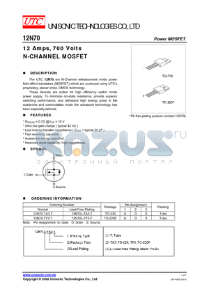 12N70L-TA3-T datasheet - 12 Amps, 700 Volts N-CHANNEL MOSFET