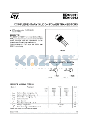 BD911 datasheet - COMPLEMENTARY SILICON POWER TRANSISTORS