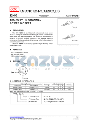 12N90L-TF1-T datasheet - 12A, 900V N-CHANNEL POWER MOSFET